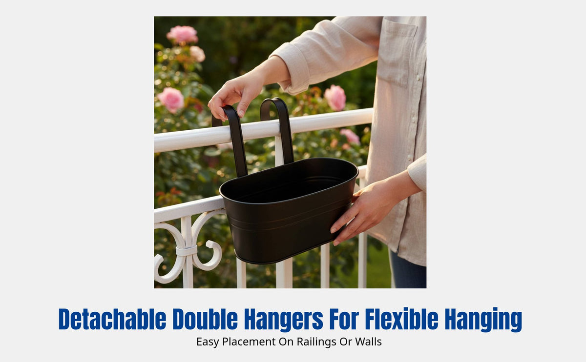 Oval Iron Hanging Flower Pot, Removable Double Hook for Balcony Railing Decor