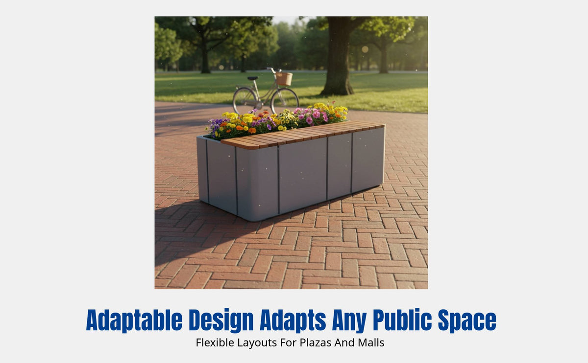 Outdoor Planter Bench, Stainless Steel Frame, Solid Wood Seat, Plaza, Mall, Community, Modular