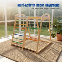 Kids Indoor Climbing Frame, Sturdy Wooden Slide, Hanging Seat, Rings, Multi-Functional Home Playground