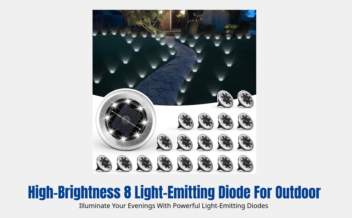 Solar Ground Light, 8 LED, Stainless Steel, Outdoor Lawn, Walkway, Garden Post Light
