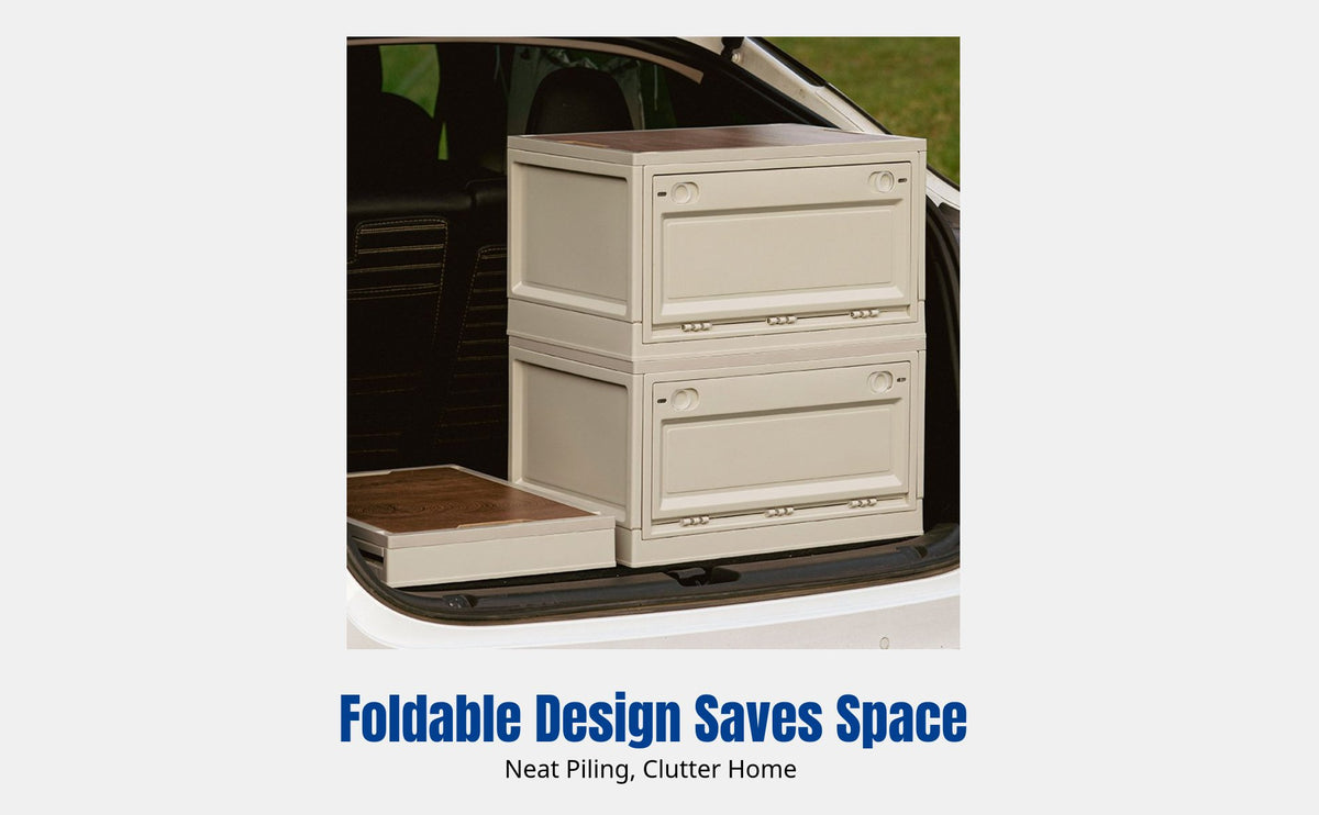 Foldable Storage Box for Camping, Outdoor Organizer, Car Trunk, Home Use, Wooden Lid, Portable, Rolling Casters